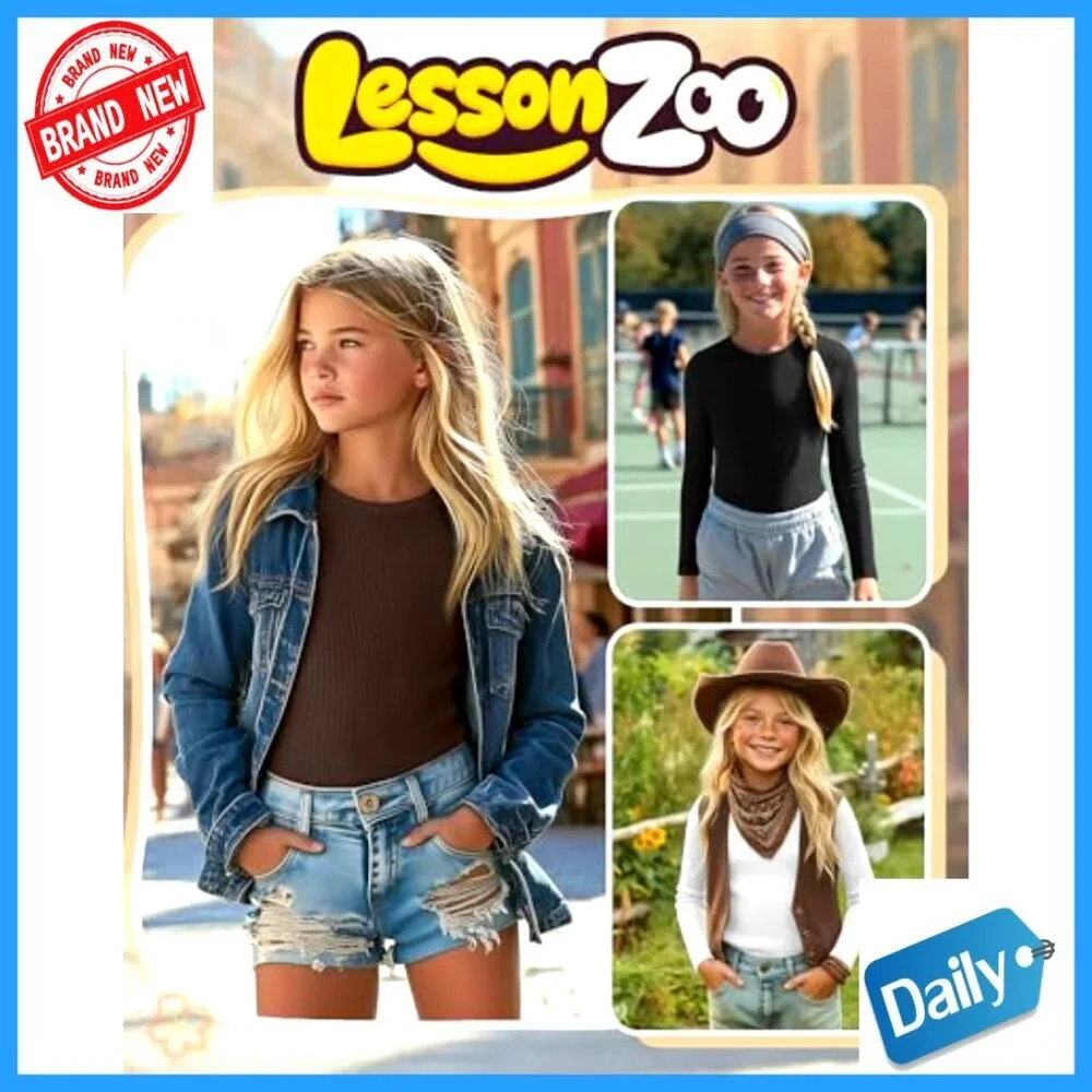 3 Pack Girls Long Sleeve Ribbed Cotton Tees Slim Fit Layering Tops
